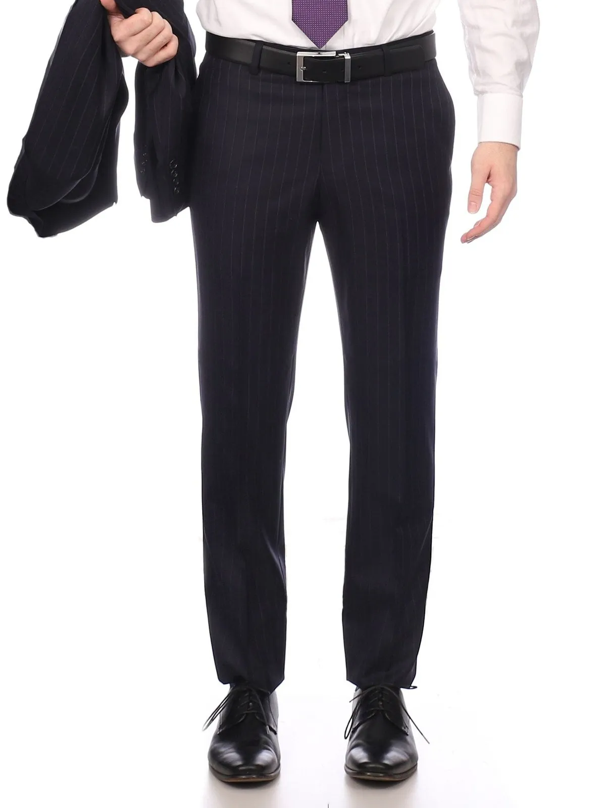 Napoli Mens Navy Pinstripe Half Canvassed Wool Slim Fit Suit With Peak Lapels