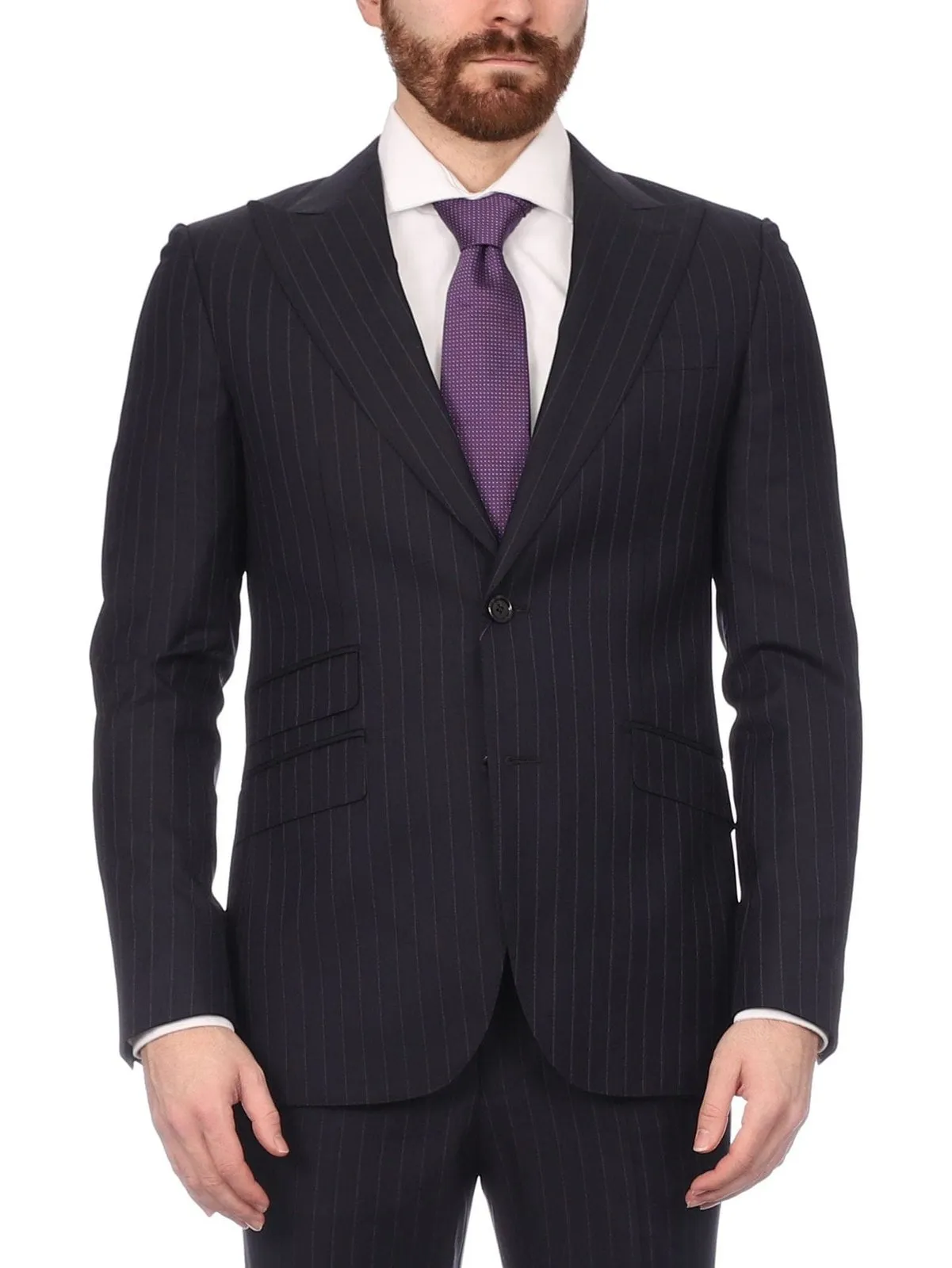 Napoli Mens Navy Pinstripe Half Canvassed Wool Slim Fit Suit With Peak Lapels