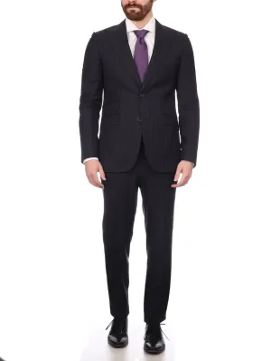Napoli Mens Navy Pinstripe Half Canvassed Wool Slim Fit Suit With Peak Lapels