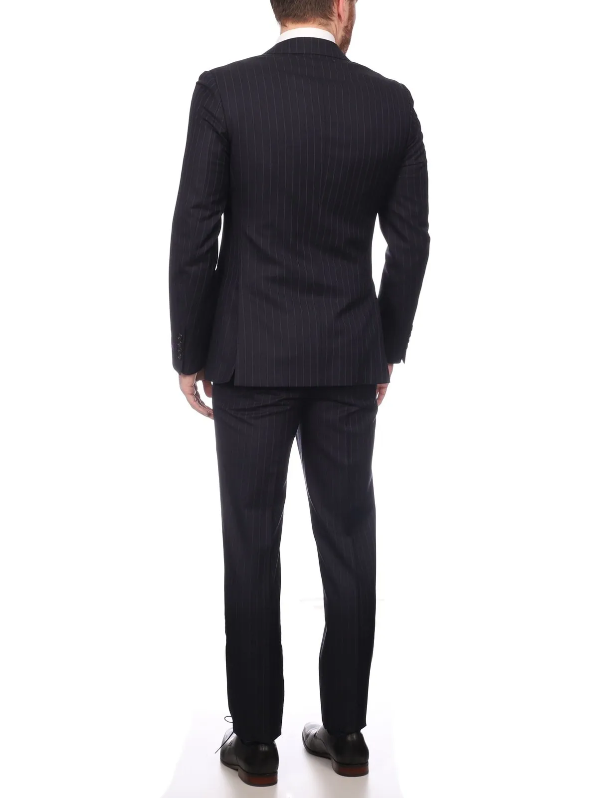 Napoli Mens Navy Pinstripe Half Canvassed Wool Slim Fit Suit With Peak Lapels