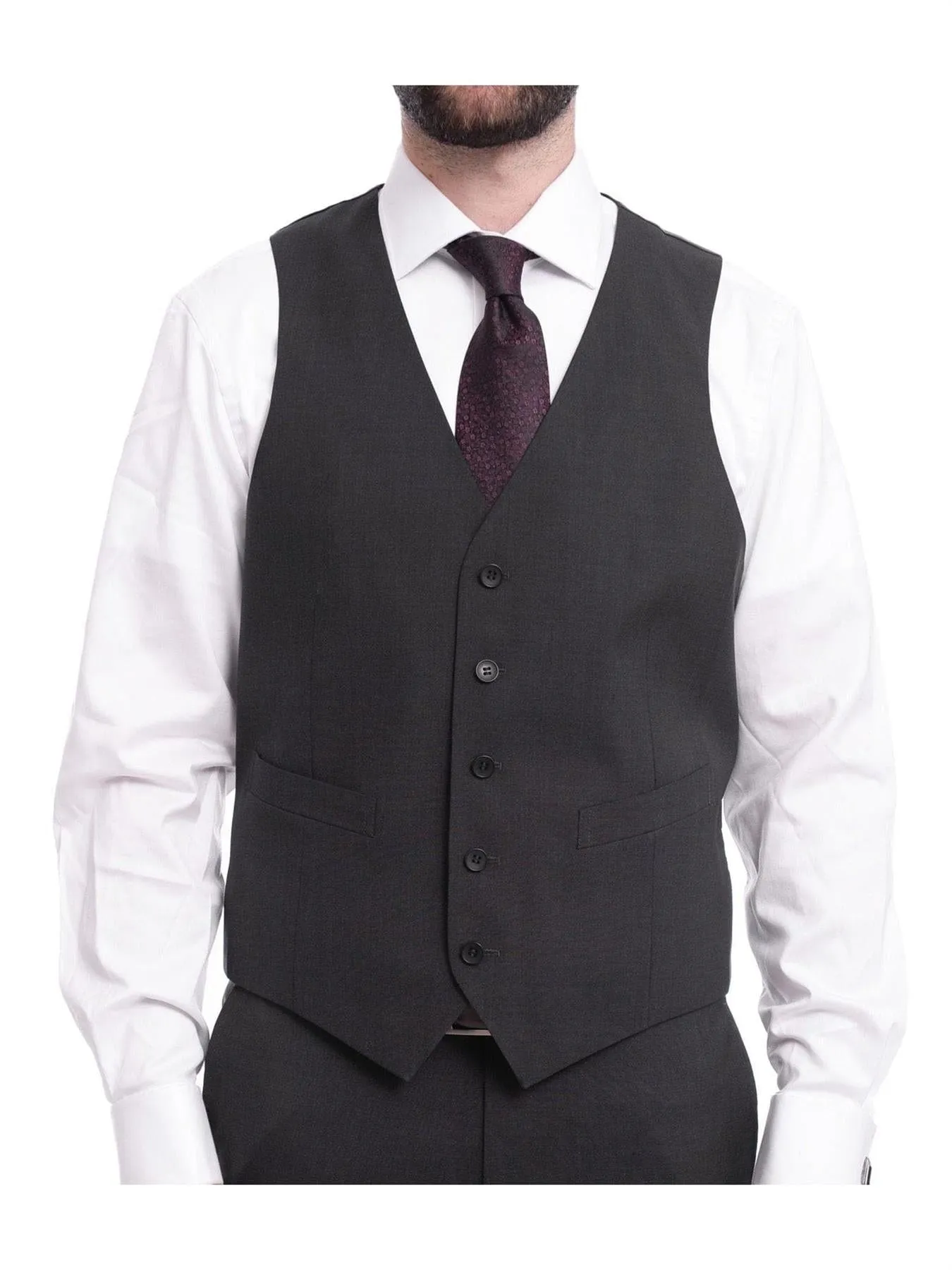 Napoli Mens Solid Charcoal Marzotto 100% Wool Slim Fit 3 Piece Suit
