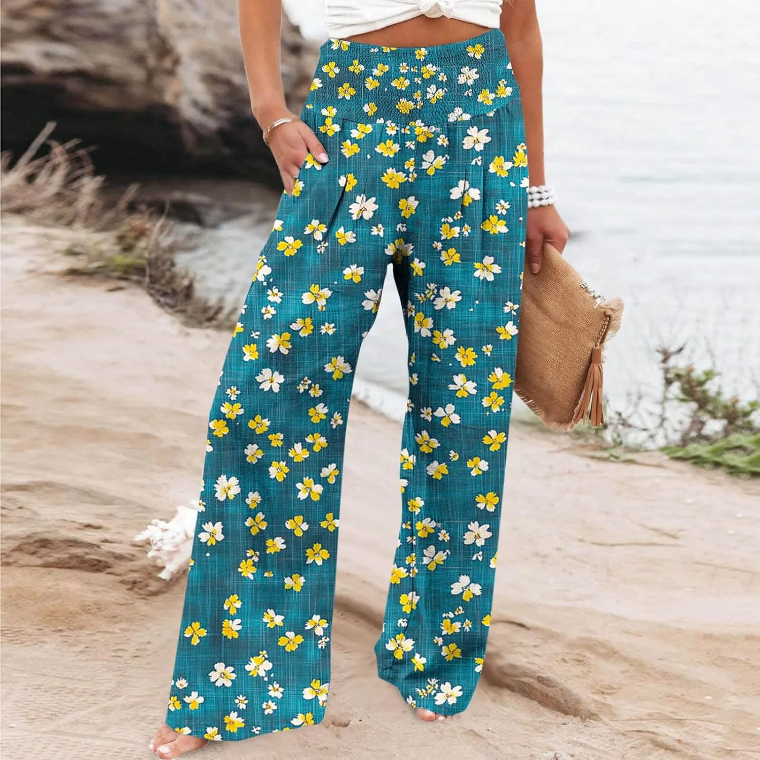 Palazzo Cotton Linen Pants Women Novelty Graphic Elastic High Waist Straight Leg Trousers Summer Casual Beach Pant
