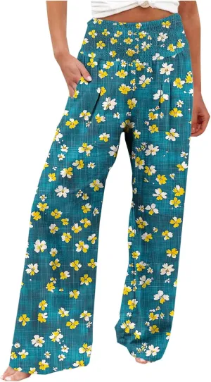 Palazzo Cotton Linen Pants Women Novelty Graphic Elastic High Waist Straight Leg Trousers Summer Casual Beach Pant