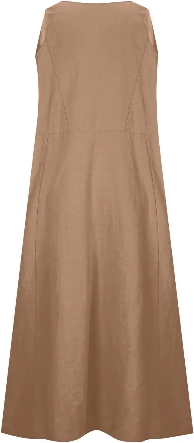 Plus Size Dresses for Curvy Women 2025 Flowy Round Neck Sleeveless Sundress Solid A Line Beach Midi Dress with Pocket