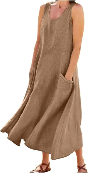 Plus Size Dresses for Curvy Women 2025 Flowy Round Neck Sleeveless Sundress Solid A Line Beach Midi Dress with Pocket