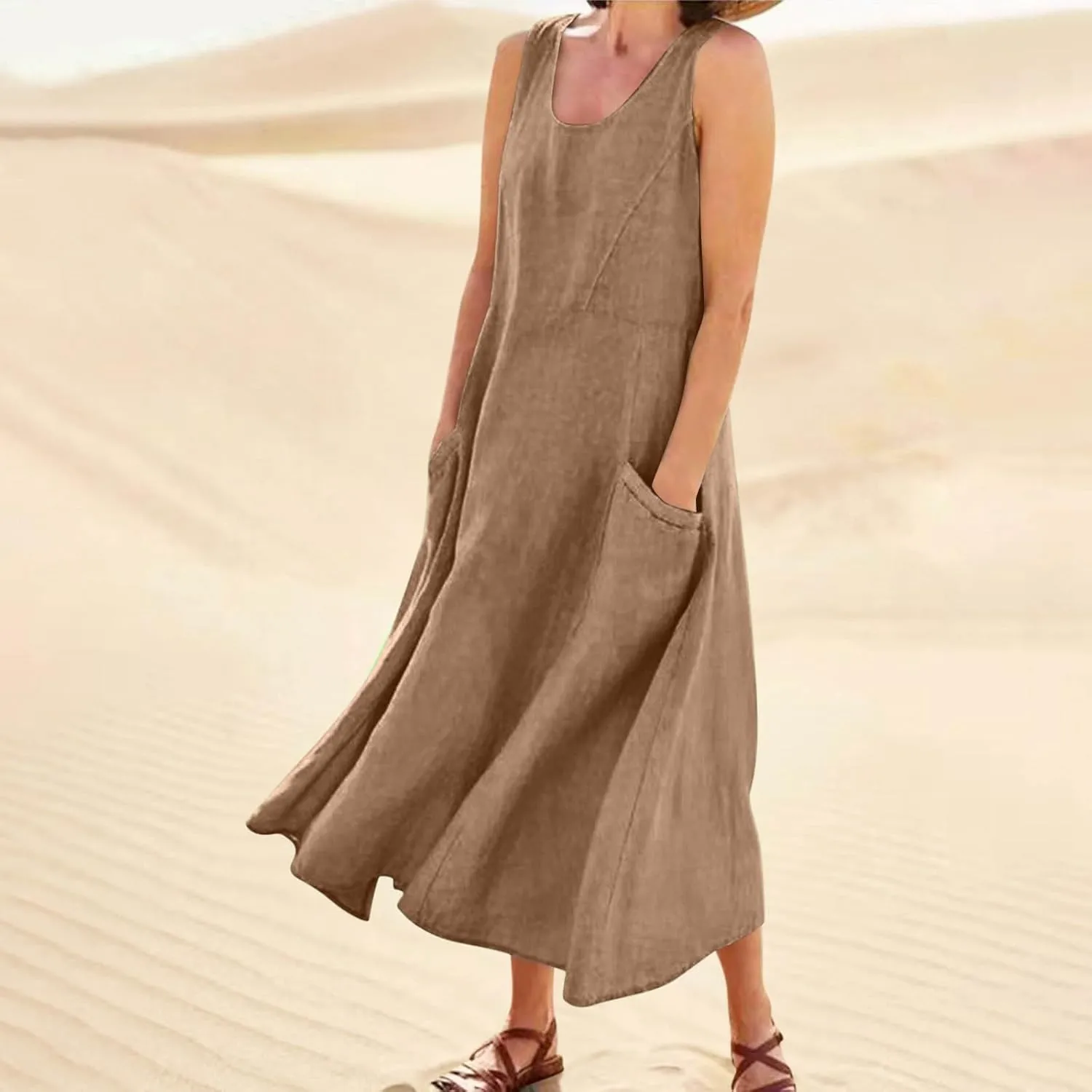 Plus Size Dresses for Curvy Women 2025 Flowy Round Neck Sleeveless Sundress Solid A Line Beach Midi Dress with Pocket