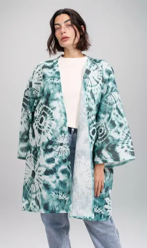 R205486 - Printed Linen Kimono - Green & White Tie-Dye