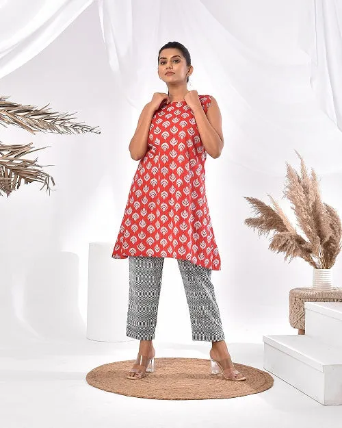 Red Black Cotton Loungewear Coord Set