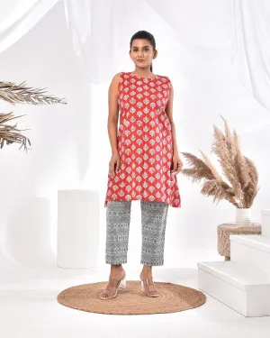 Red Black Cotton Loungewear Coord Set