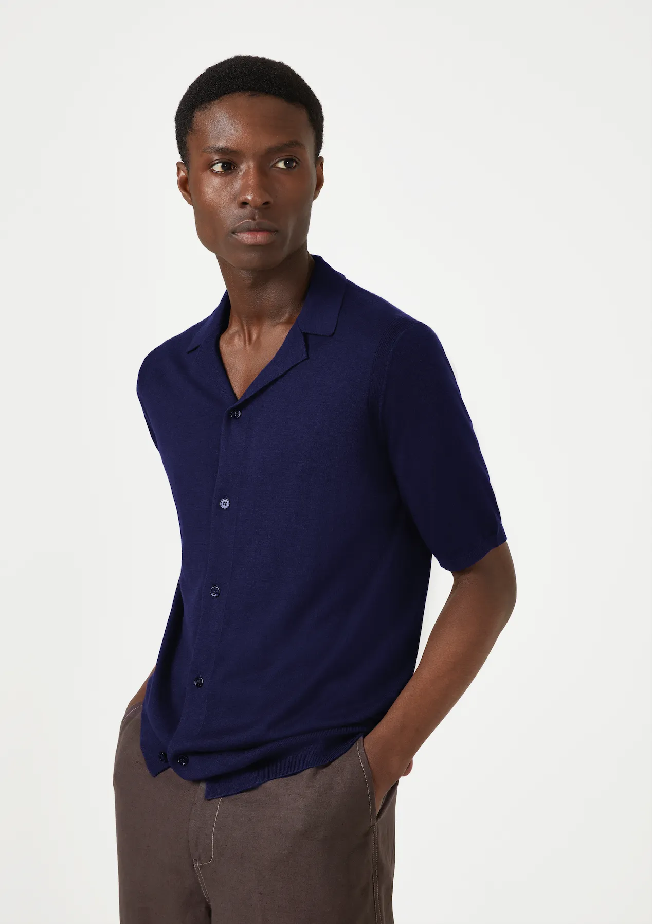 Silk & Cashmere Short Sleeve Collared Cardigan - Navy