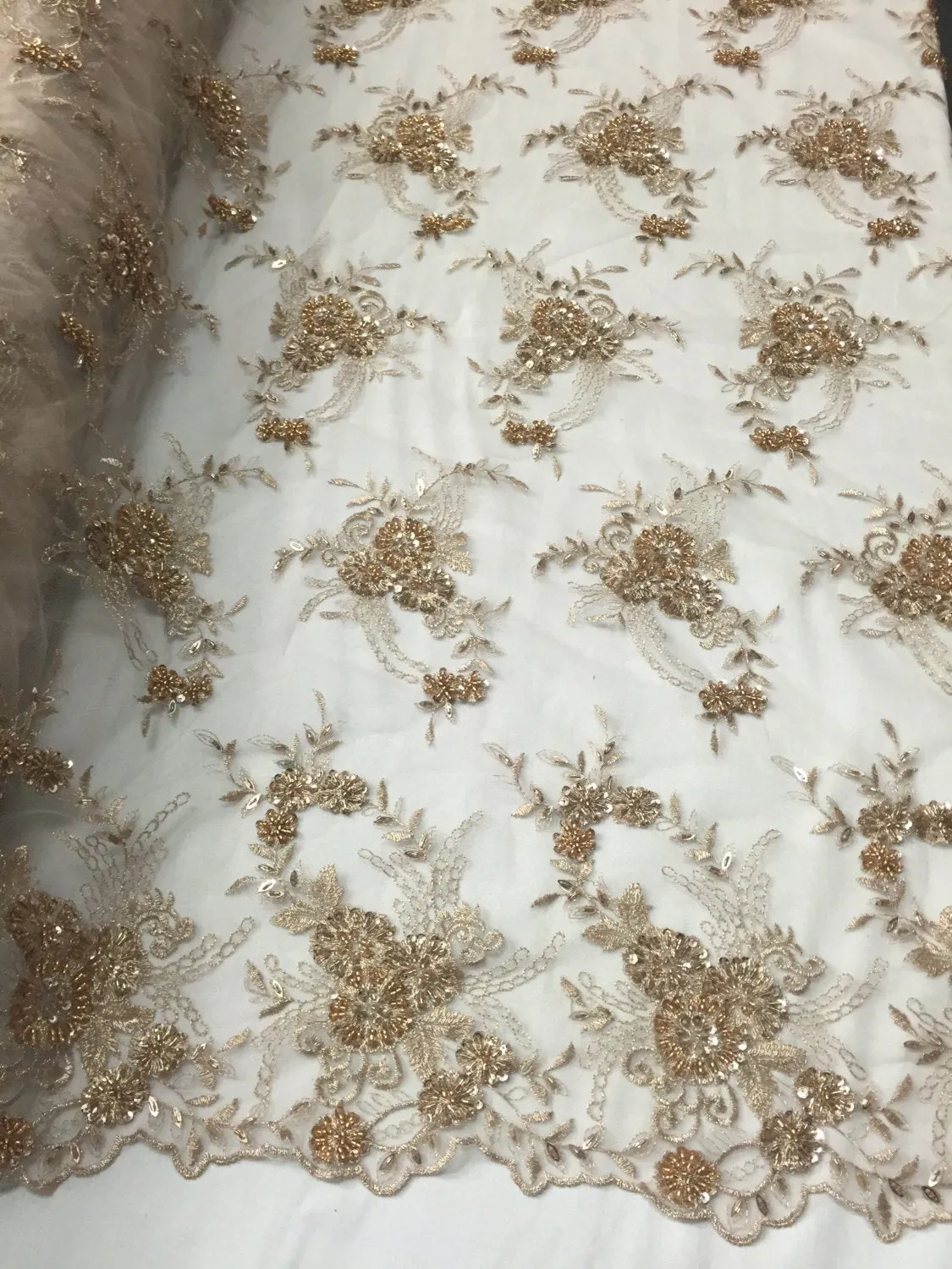 Skin/Nude majestic flower design embroider and hand beaded on a mesh lace-prom-nightgown-decorations-dresses-Sold by the yard.