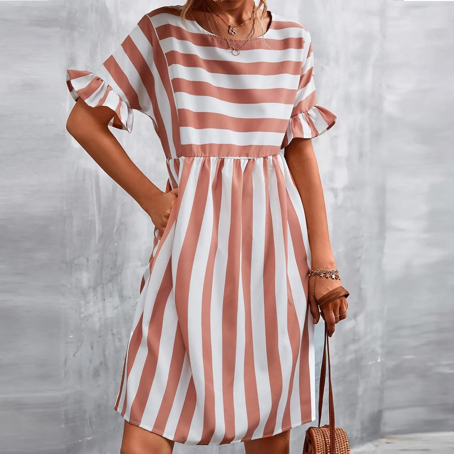 Summer Dresses for Women 2025 Ruffle Short Sleeve Striped Patchwork Beach Sun Dress Casual Crewneck Midi Dress 2025