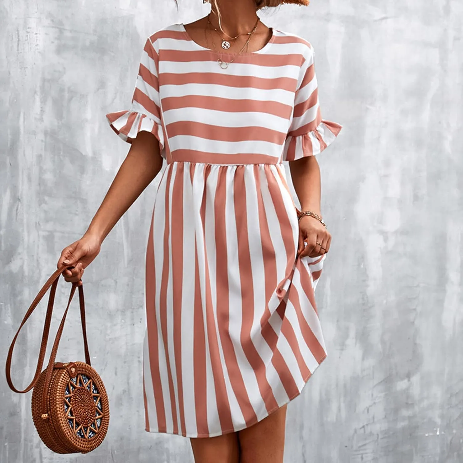 Summer Dresses for Women 2025 Ruffle Short Sleeve Striped Patchwork Beach Sun Dress Casual Crewneck Midi Dress 2025