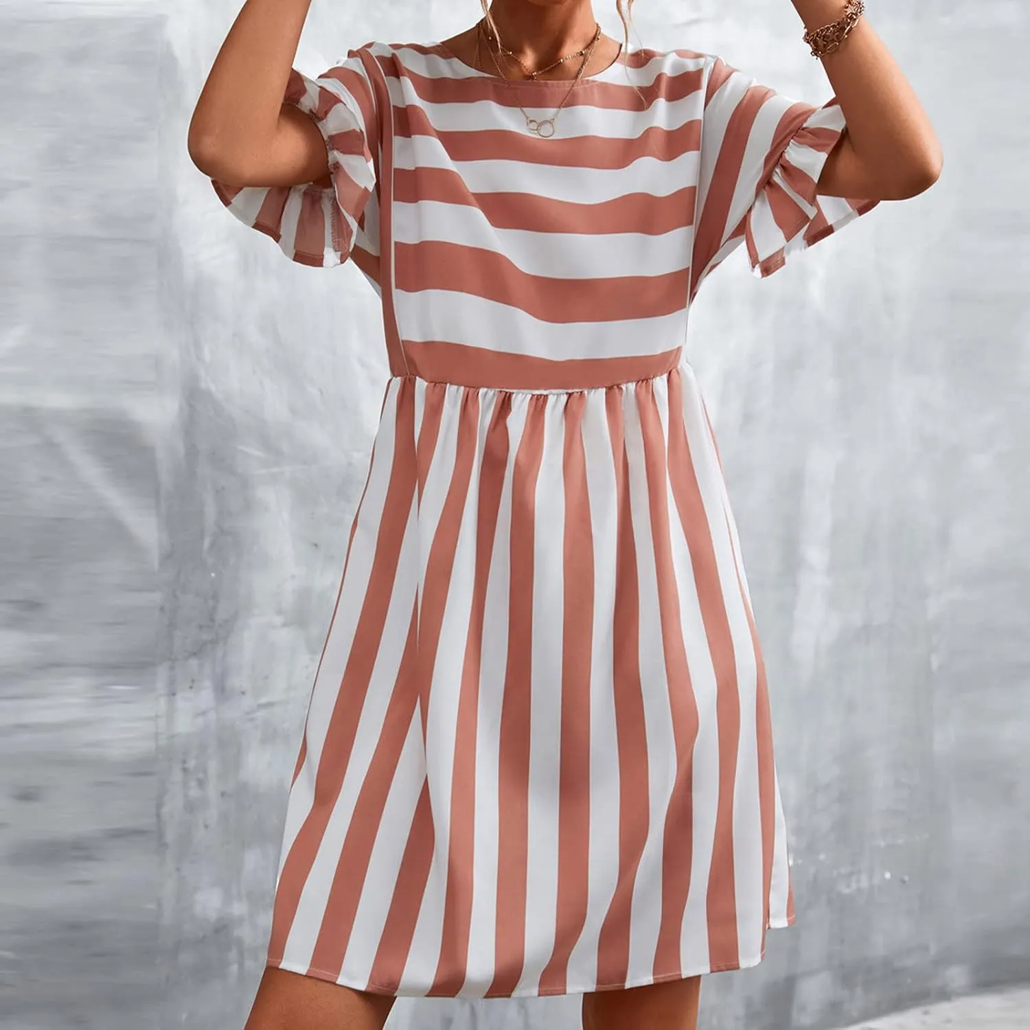 Summer Dresses for Women 2025 Ruffle Short Sleeve Striped Patchwork Beach Sun Dress Casual Crewneck Midi Dress 2025