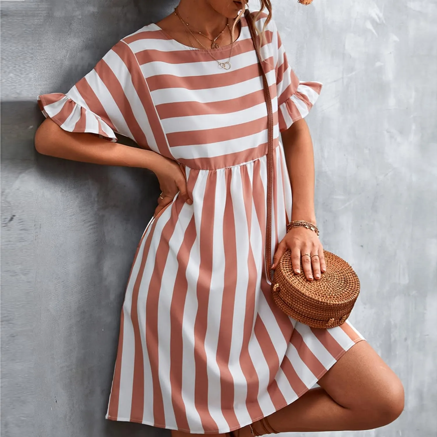Summer Dresses for Women 2025 Ruffle Short Sleeve Striped Patchwork Beach Sun Dress Casual Crewneck Midi Dress 2025