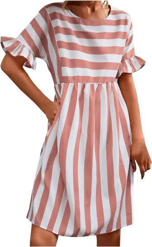 Summer Dresses for Women 2025 Ruffle Short Sleeve Striped Patchwork Beach Sun Dress Casual Crewneck Midi Dress 2025
