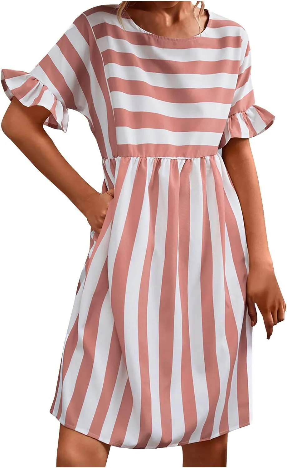 Summer Dresses for Women 2025 Ruffle Short Sleeve Striped Patchwork Beach Sun Dress Casual Crewneck Midi Dress 2025