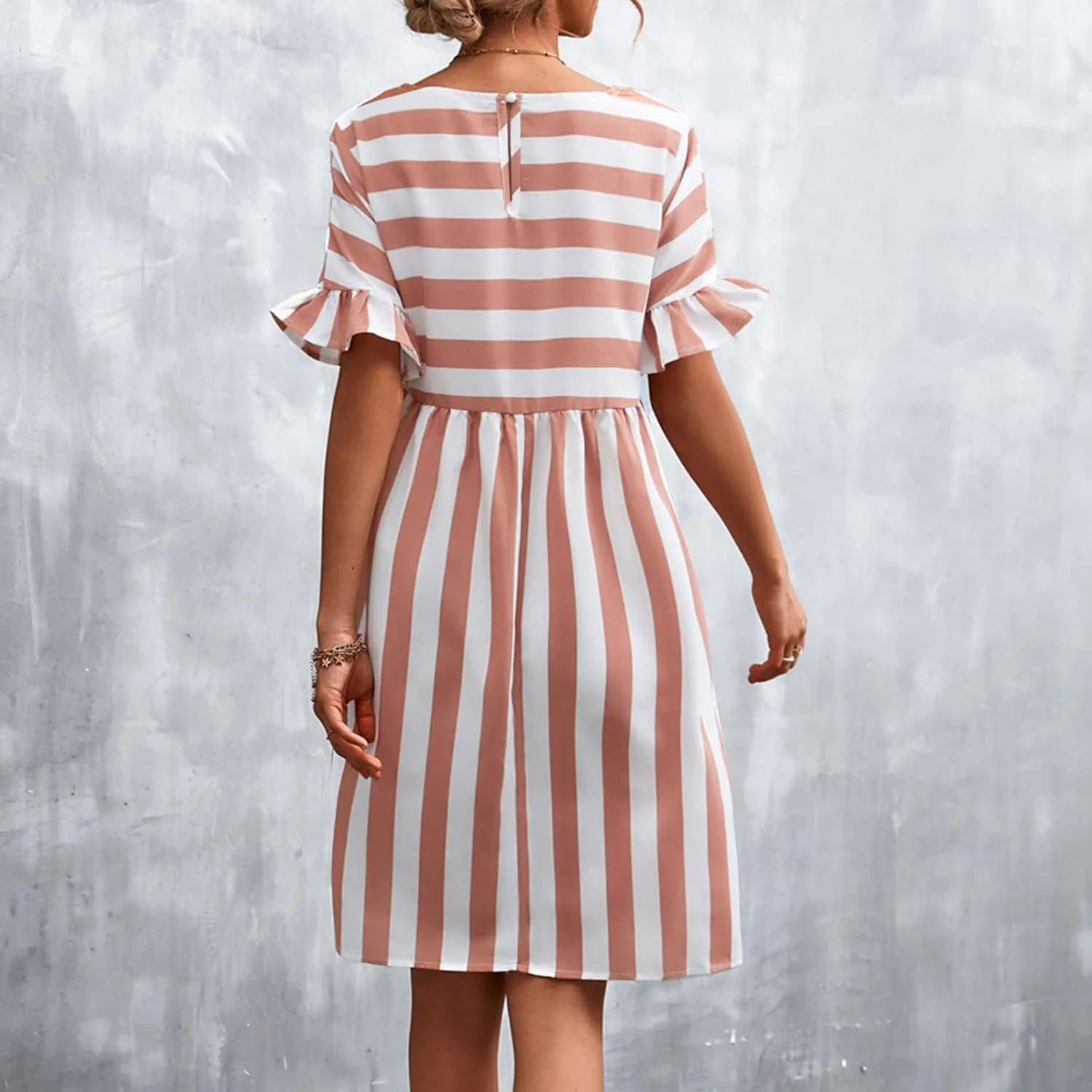 Summer Dresses for Women 2025 Ruffle Short Sleeve Striped Patchwork Beach Sun Dress Casual Crewneck Midi Dress 2025