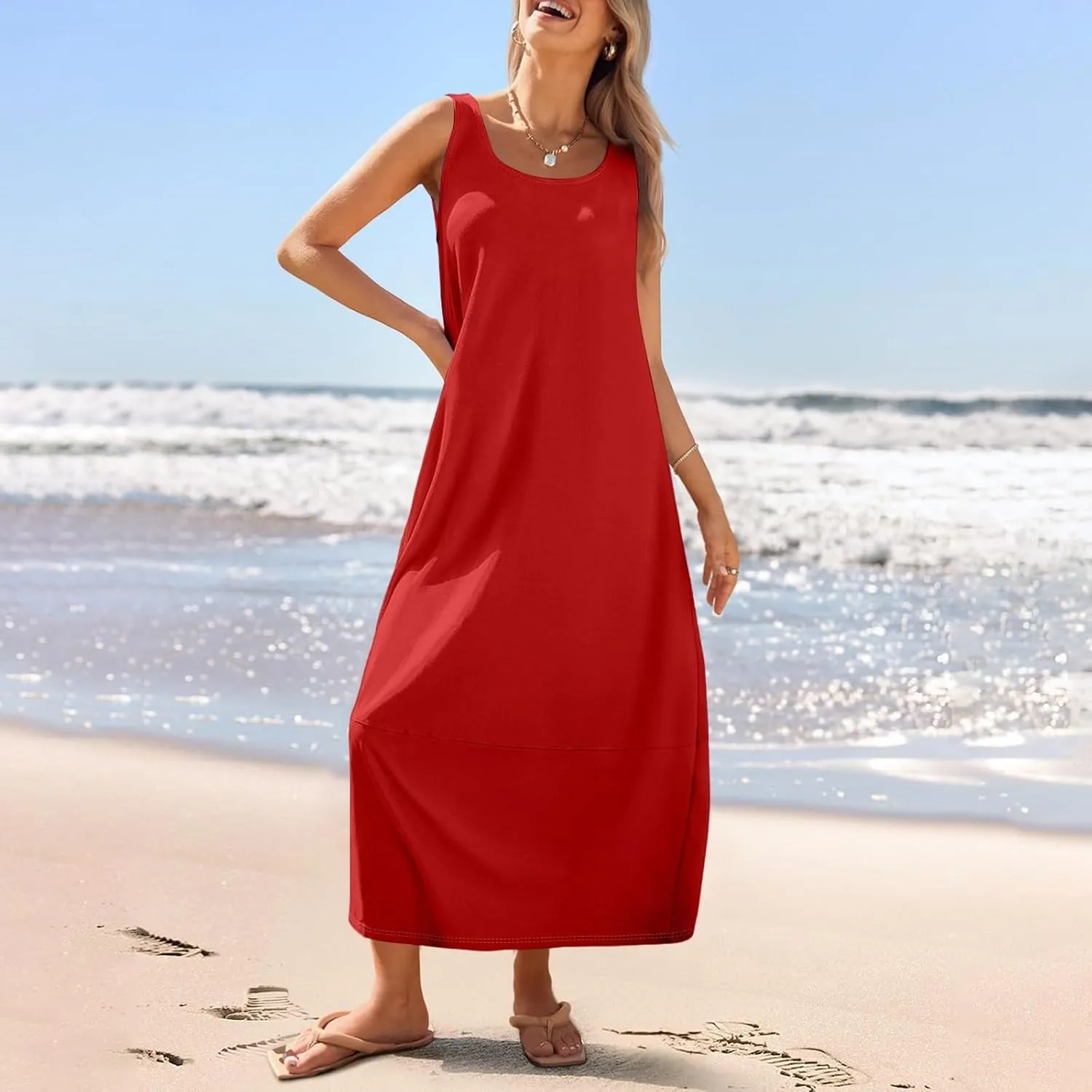 Sun Dresses for Women 2025 Vacation Sleeveless Summer Maxi Dress Floral Print U Neck Beach Dress with Side Pockets