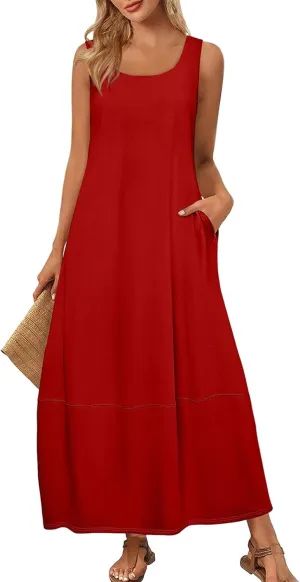 Sun Dresses for Women 2025 Vacation Sleeveless Summer Maxi Dress Floral Print U Neck Beach Dress with Side Pockets