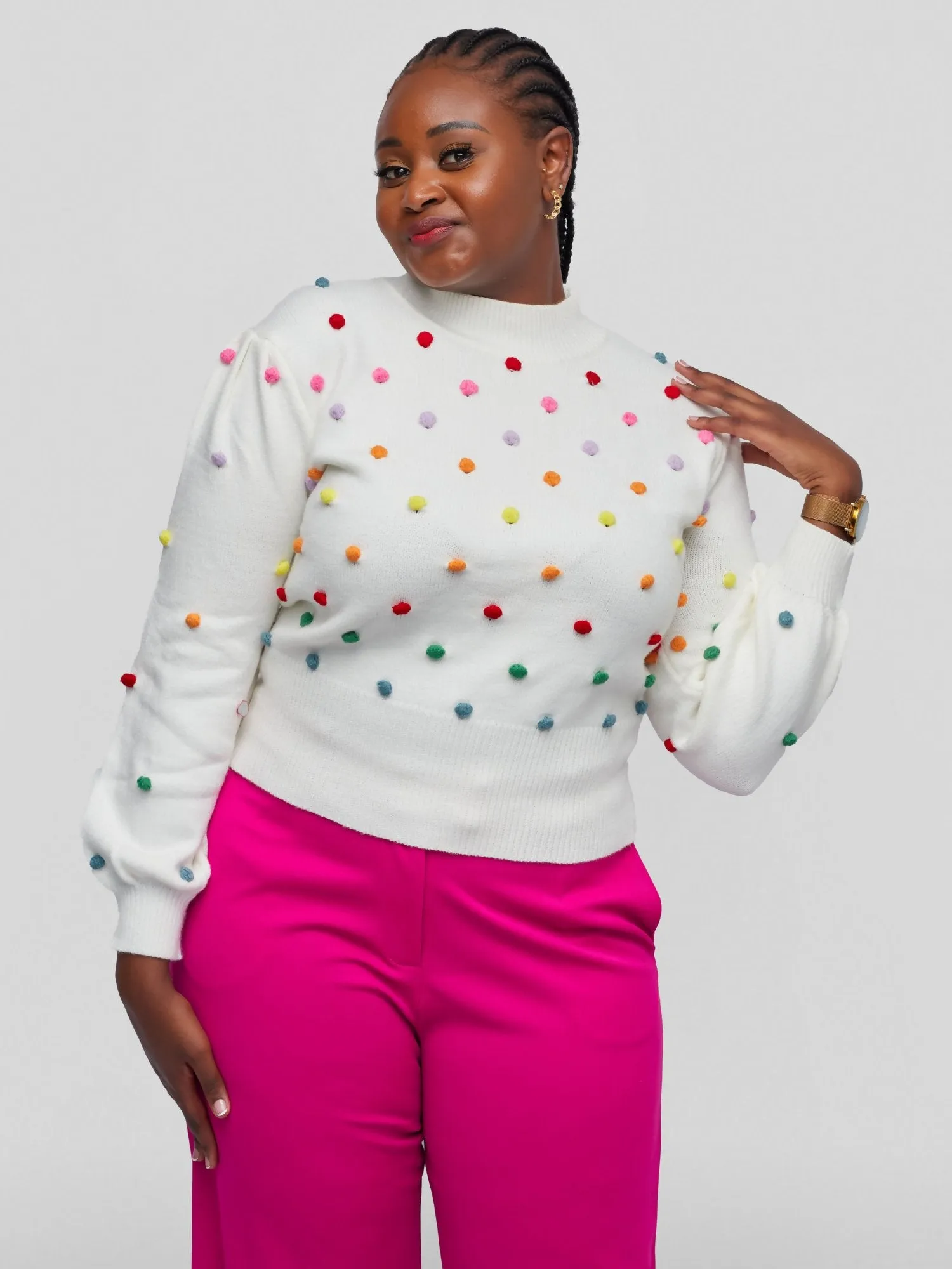Tuli Nazra Puff Ball Sweater Poncho - White