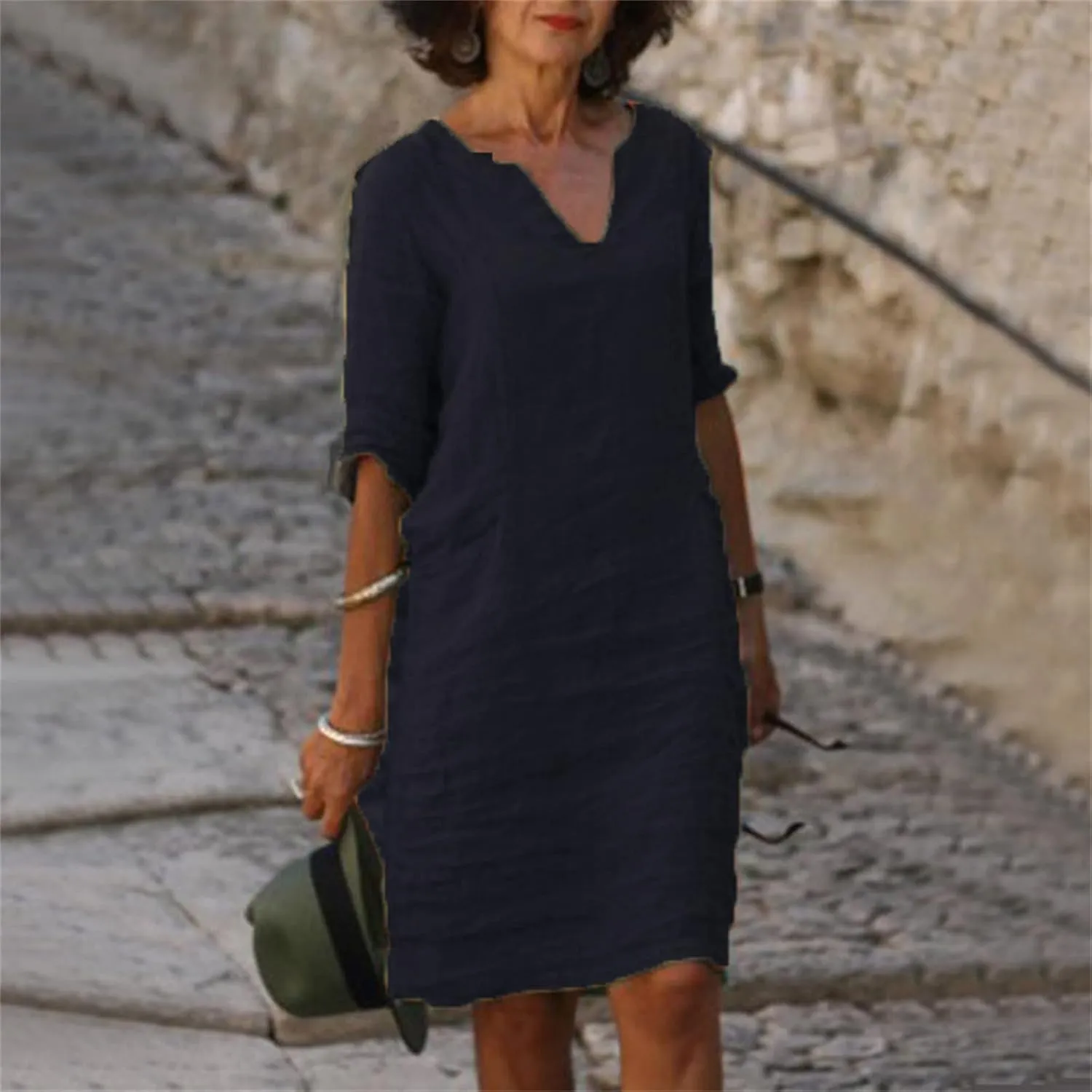 Women Casual Summer Cotton Linen Dresses Vintage 3/4 Sleeve Shirt Derss Beach Sundress Skirt for Women Spring 2025