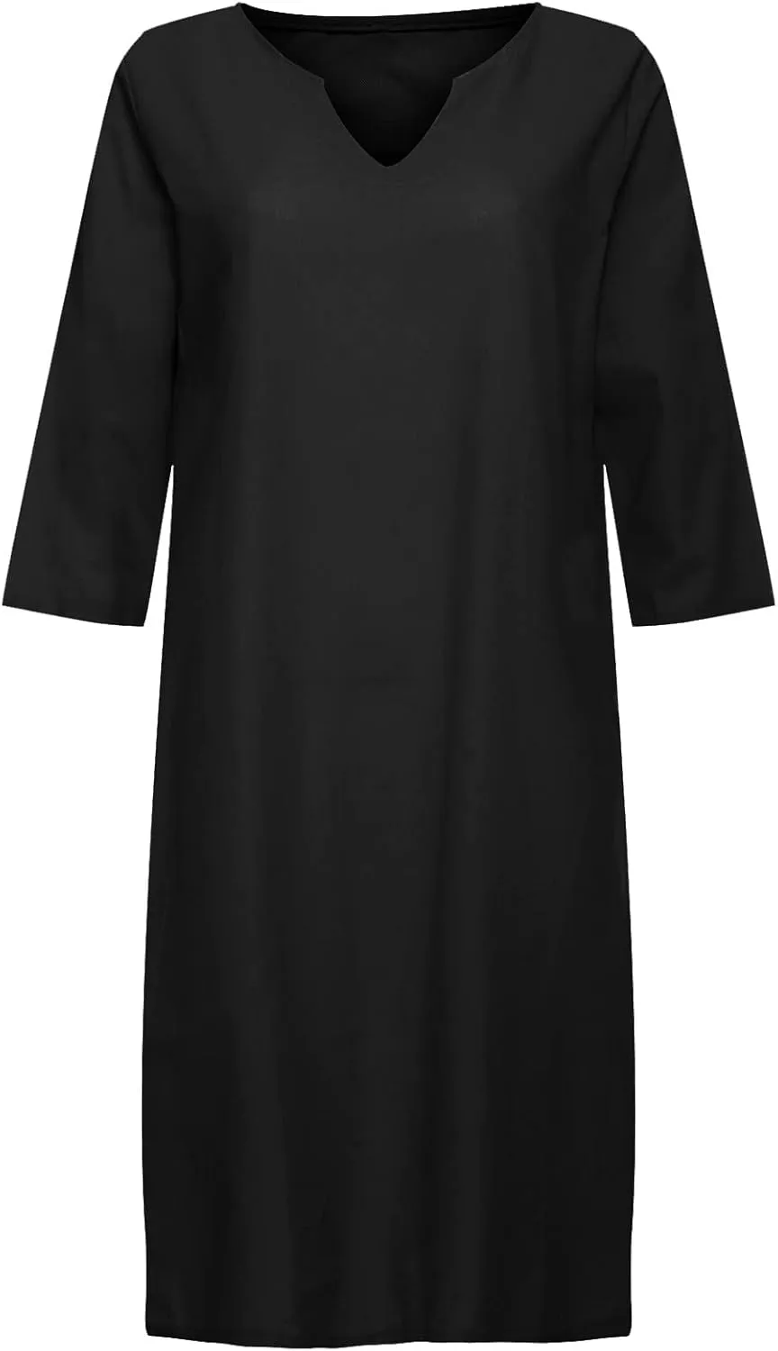 Women Casual Summer Cotton Linen Dresses Vintage 3/4 Sleeve Shirt Derss Beach Sundress Skirt for Women Spring 2025