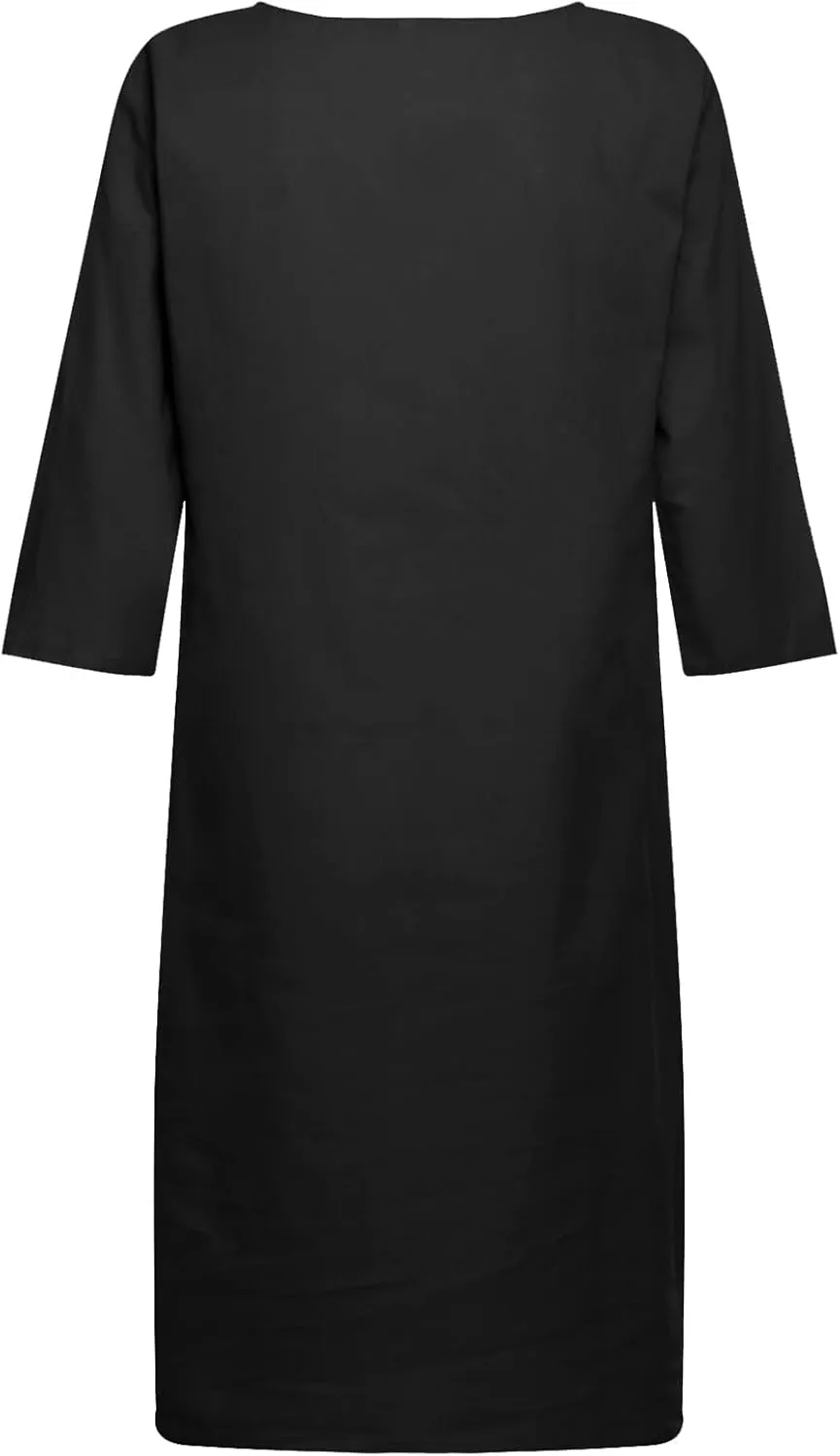 Women Casual Summer Cotton Linen Dresses Vintage 3/4 Sleeve Shirt Derss Beach Sundress Skirt for Women Spring 2025