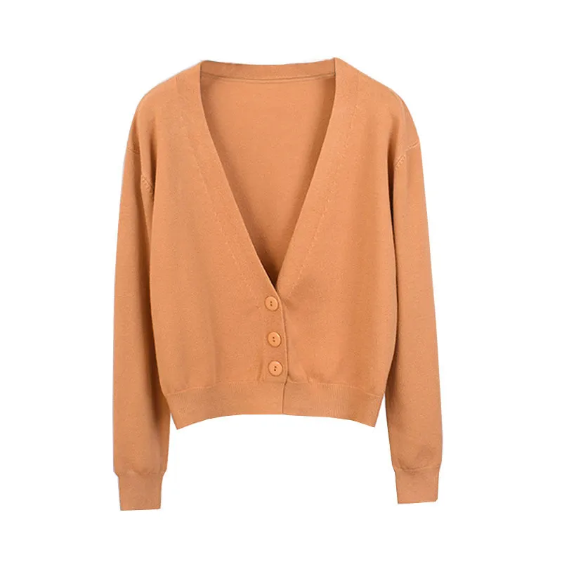 Women CHIC Hong Kong V-Neck Knitted Cardigan Long Sleeved Tops Loose Lazy Sweater Outerwear