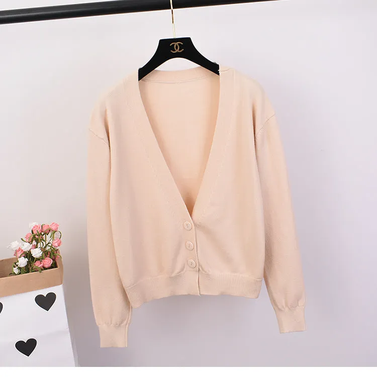 Women CHIC Hong Kong V-Neck Knitted Cardigan Long Sleeved Tops Loose Lazy Sweater Outerwear