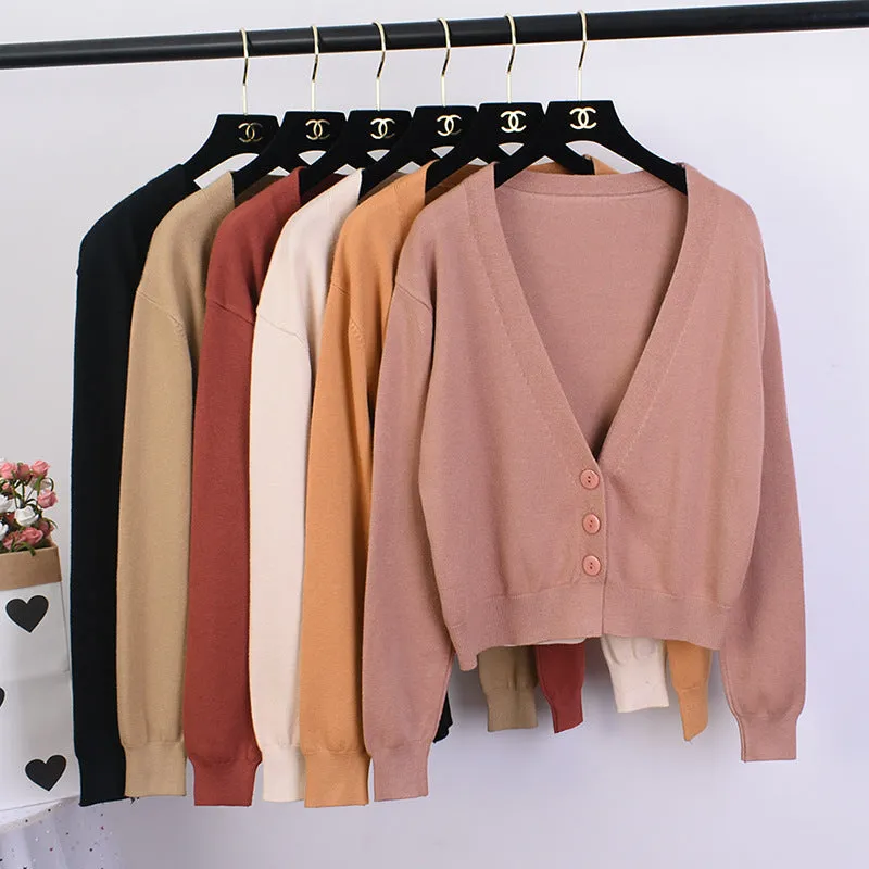 Women CHIC Hong Kong V-Neck Knitted Cardigan Long Sleeved Tops Loose Lazy Sweater Outerwear