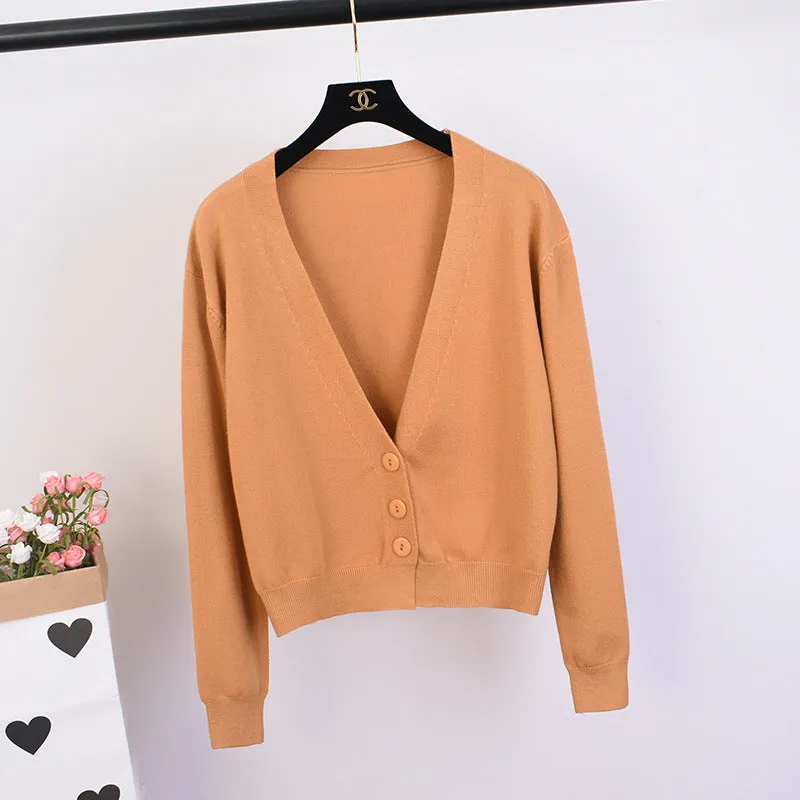 Women CHIC Hong Kong V-Neck Knitted Cardigan Long Sleeved Tops Loose Lazy Sweater Outerwear