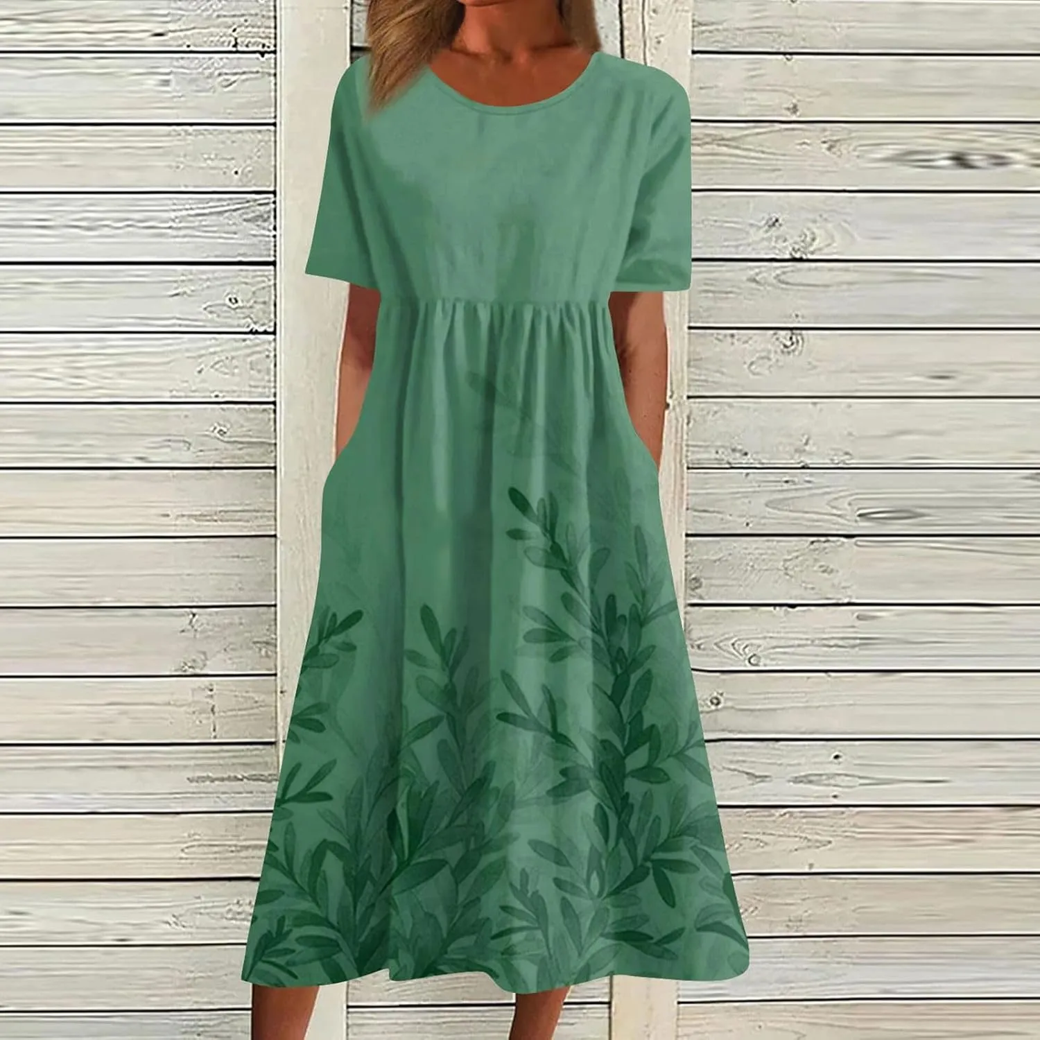 Women Floral Dress 2025 Summer Round Neck Short Sleeve Midi Dress Cute Printed Below The Length Dresses with Pockets