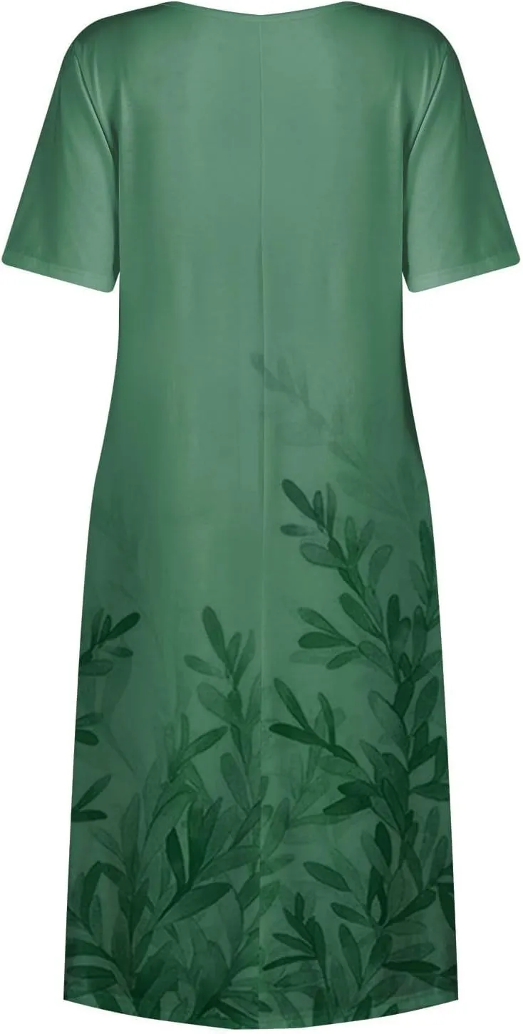 Women Floral Dress 2025 Summer Round Neck Short Sleeve Midi Dress Cute Printed Below The Length Dresses with Pockets