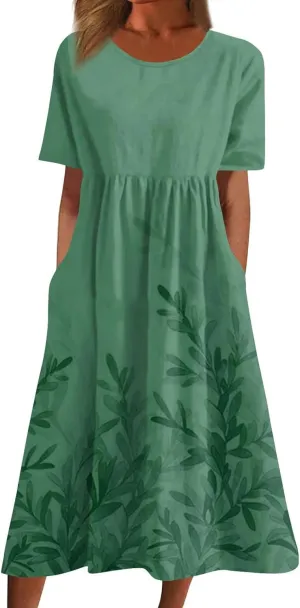 Women Floral Dress 2025 Summer Round Neck Short Sleeve Midi Dress Cute Printed Below The Length Dresses with Pockets