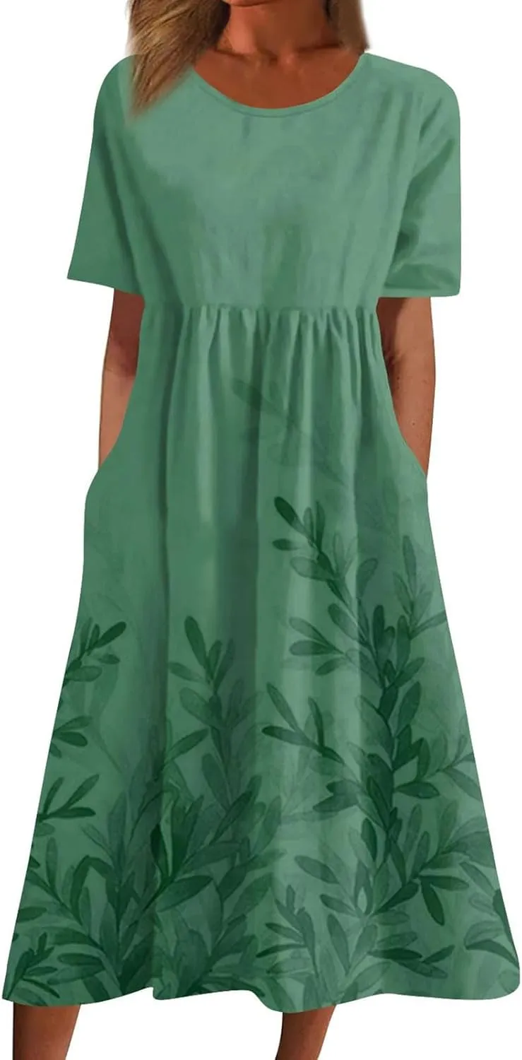 Women Floral Dress 2025 Summer Round Neck Short Sleeve Midi Dress Cute Printed Below The Length Dresses with Pockets