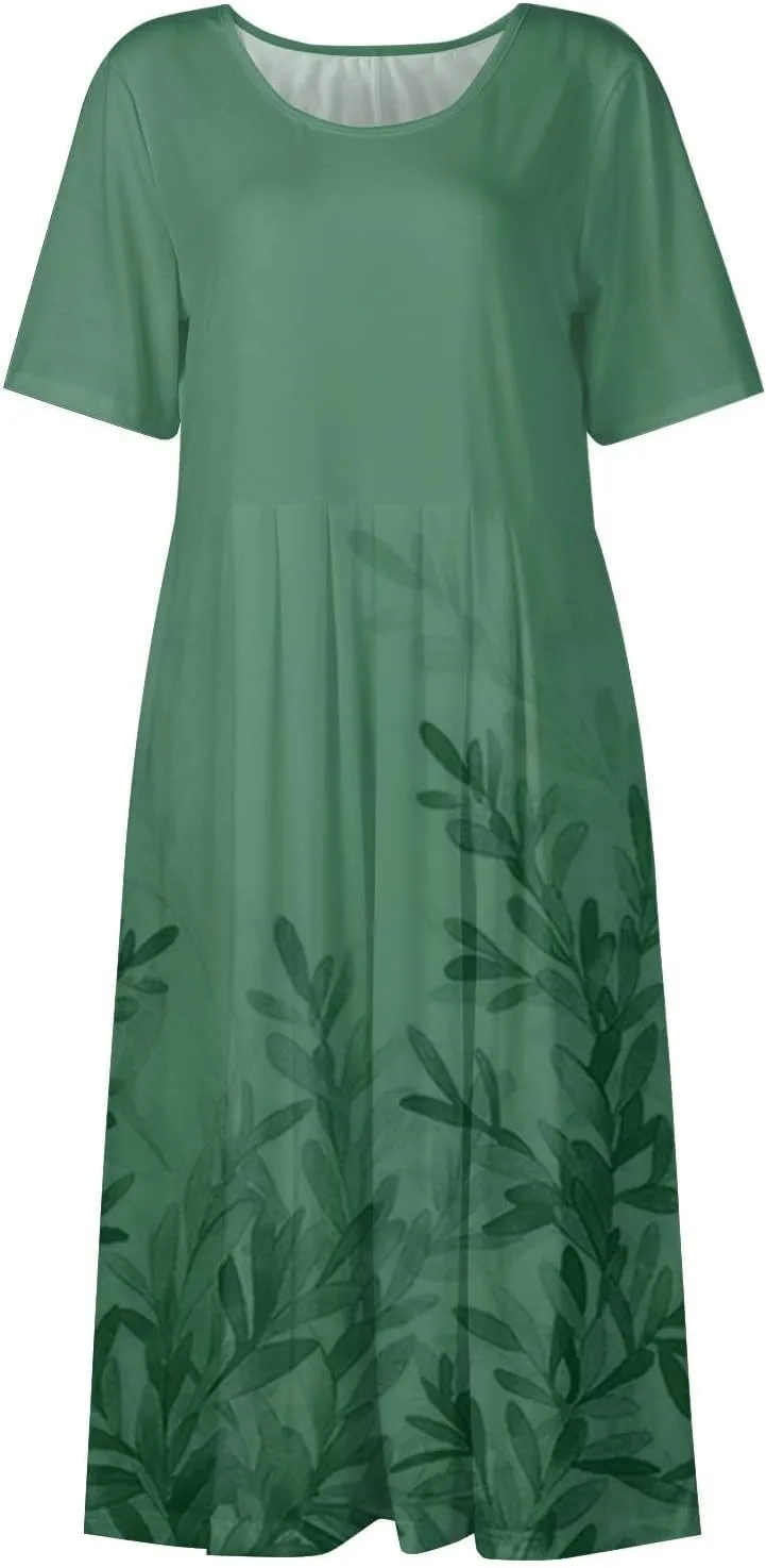 Women Floral Dress 2025 Summer Round Neck Short Sleeve Midi Dress Cute Printed Below The Length Dresses with Pockets