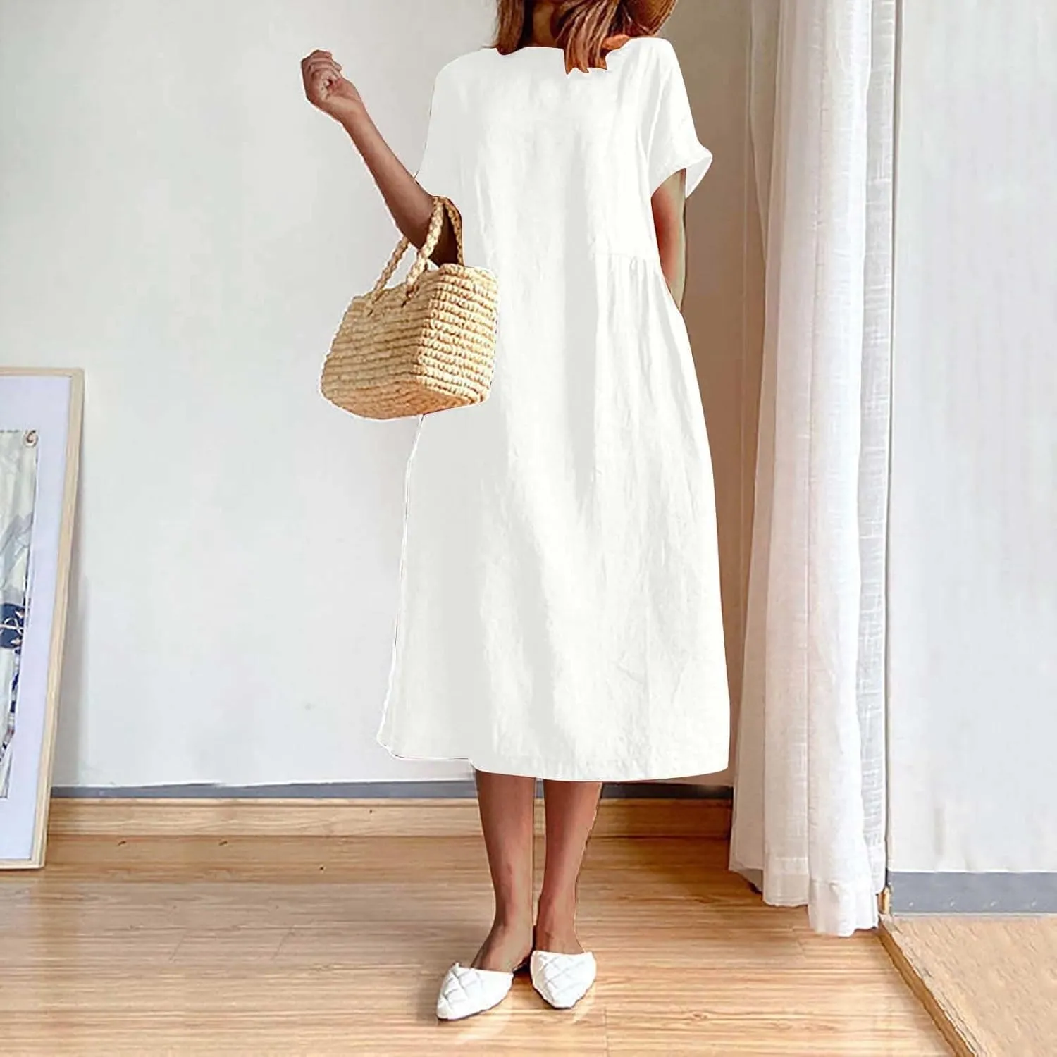 Women's Casual Dresses Summer Loose Trendy Short Sleeve Round Neck Solid Color Vacation Linen Dress, M-XL