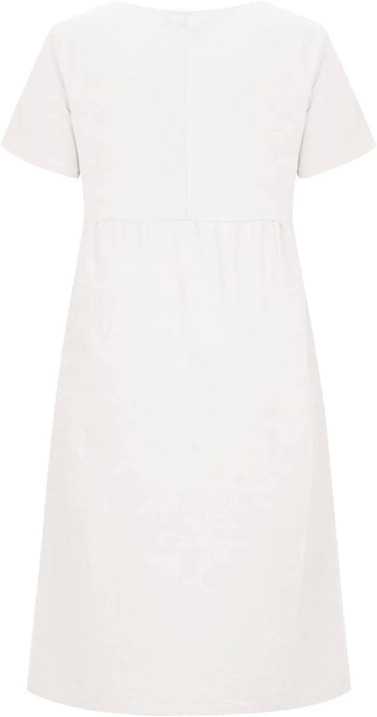 Women's Casual Dresses Summer Loose Trendy Short Sleeve Round Neck Solid Color Vacation Linen Dress, M-XL