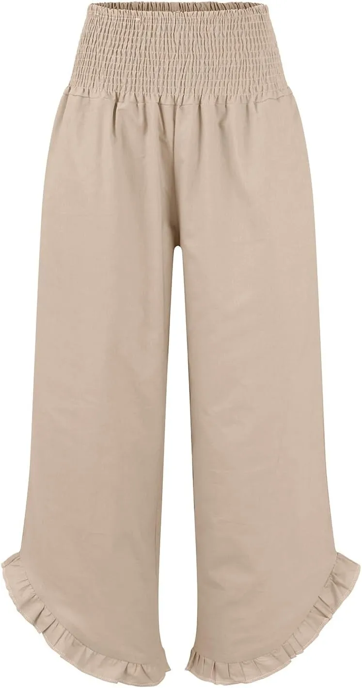Women's Pants High Waisted Straight Leg Work,Womens Dress Sweatpants Petite, Linen Cotton Slit Baggy Waist