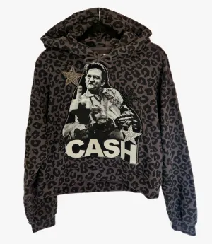 Womens reworked grey leopard hoodie with Johnny Cash patch- size Medium