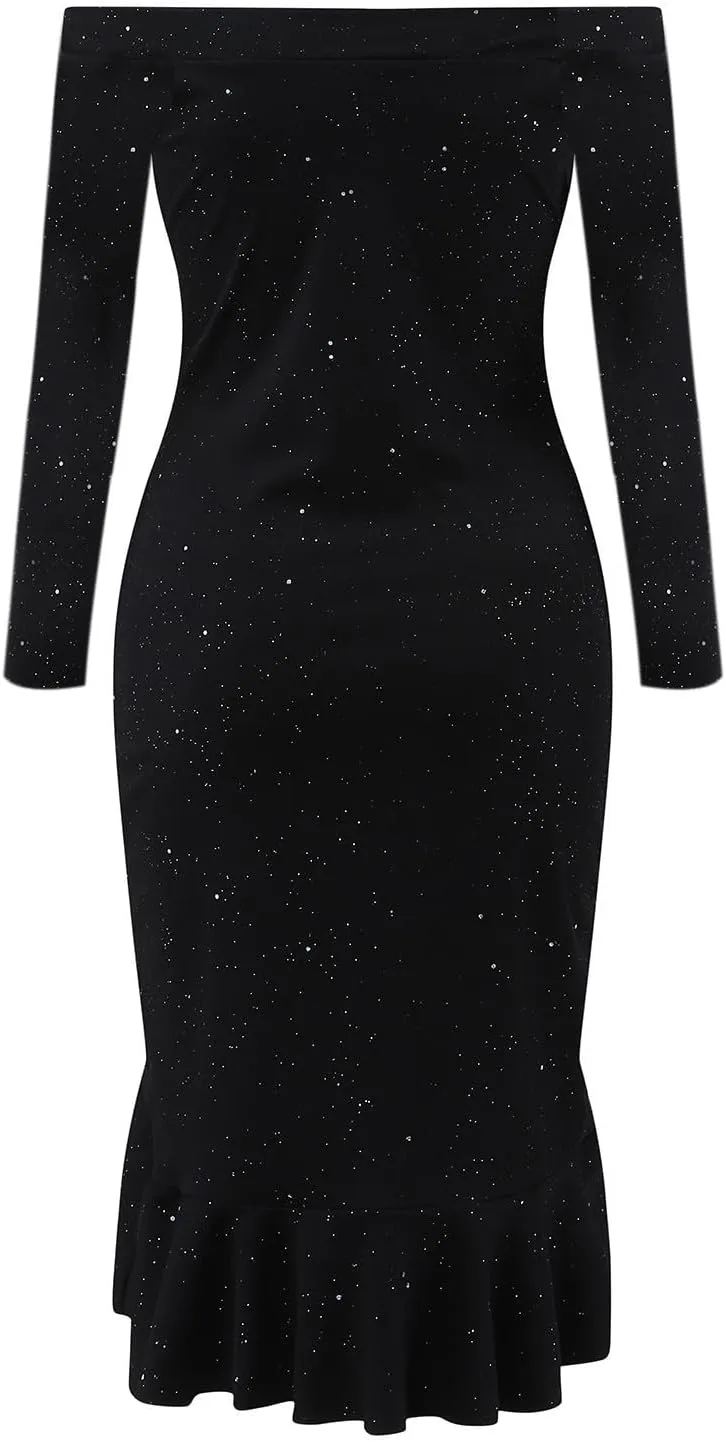 Womens Sequin Dress Cold Shoulder Long Sleeve Cocktail Dress High Low Wedding Party Ruffle Midi Dress Evening Gown