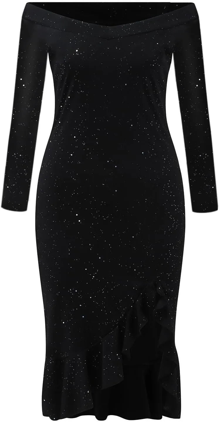 Womens Sequin Dress Cold Shoulder Long Sleeve Cocktail Dress High Low Wedding Party Ruffle Midi Dress Evening Gown