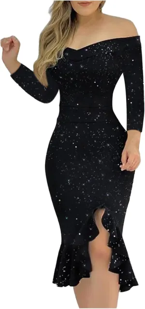 Womens Sequin Dress Cold Shoulder Long Sleeve Cocktail Dress High Low Wedding Party Ruffle Midi Dress Evening Gown