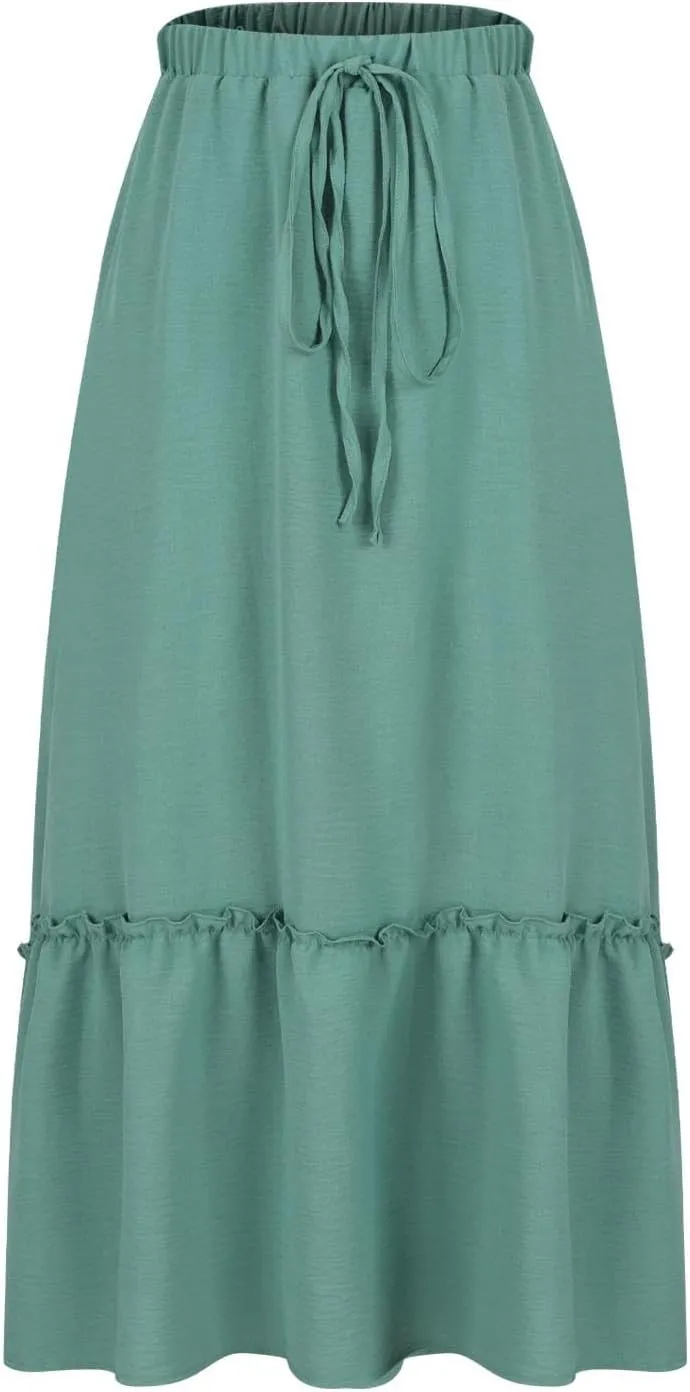 Womens Summer Beach Skirts Lace-Up Elastic Waist Fashion Solid Color A-Line Flowy Skirt Wrinkle Midi Skirts