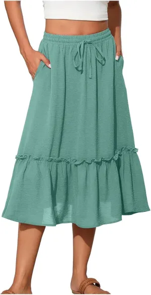 Womens Summer Beach Skirts Lace-Up Elastic Waist Fashion Solid Color A-Line Flowy Skirt Wrinkle Midi Skirts