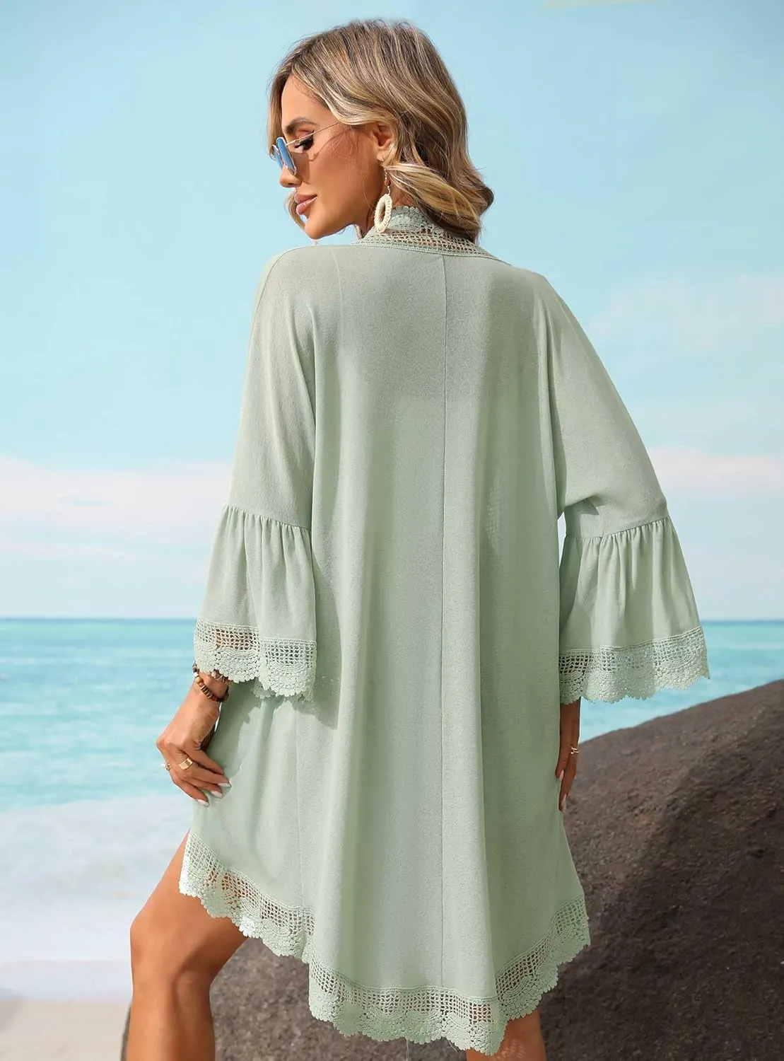 Women's Summer Lightweight Cardigan 3/4 Ruffle Sleeve Lace Details Kimono